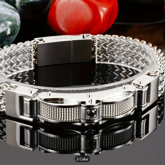 Stainless Steel Bracelet with Sparkling Accents - Rock-Inspired Braided Chain - Picture 7 of 7